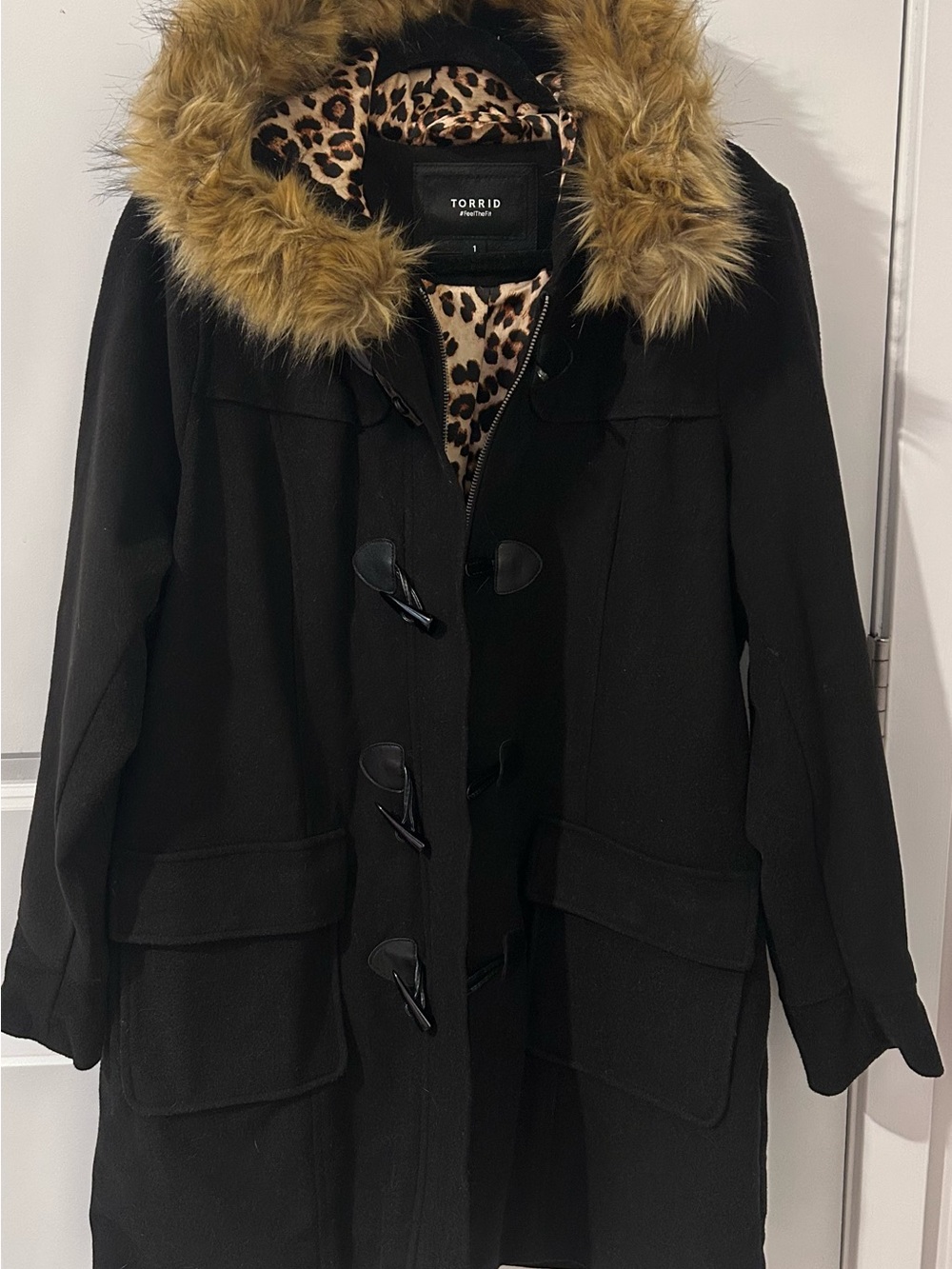 Torrid Black Toggle Coat with Faux Fur Hood and Leopard Lining